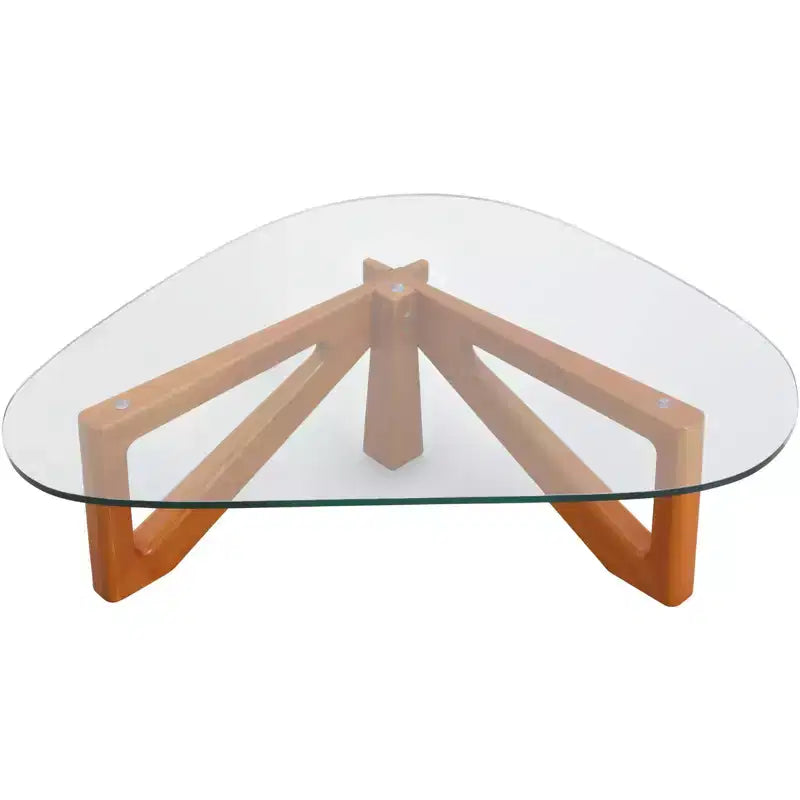 Triangular Glass Top Coffee Table with Glossy Ash Wood Base for Home, Living Room, Office