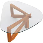 Triangular Glass Top Coffee Table with Glossy Ash Wood Base for Home, Living Room, Office
