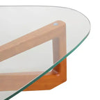 Triangular Glass Top Coffee Table with Glossy Ash Wood Base for Home, Living Room, Office