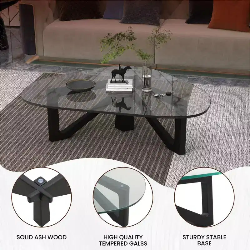 Triangular Glass Top Coffee Table with Glossy Ash Wood Base for Home, Living Room, Office