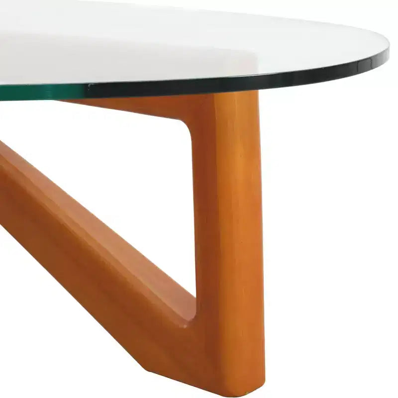 Triangular Glass Top Coffee Table with Glossy Ash Wood Base for Home, Living Room, Office