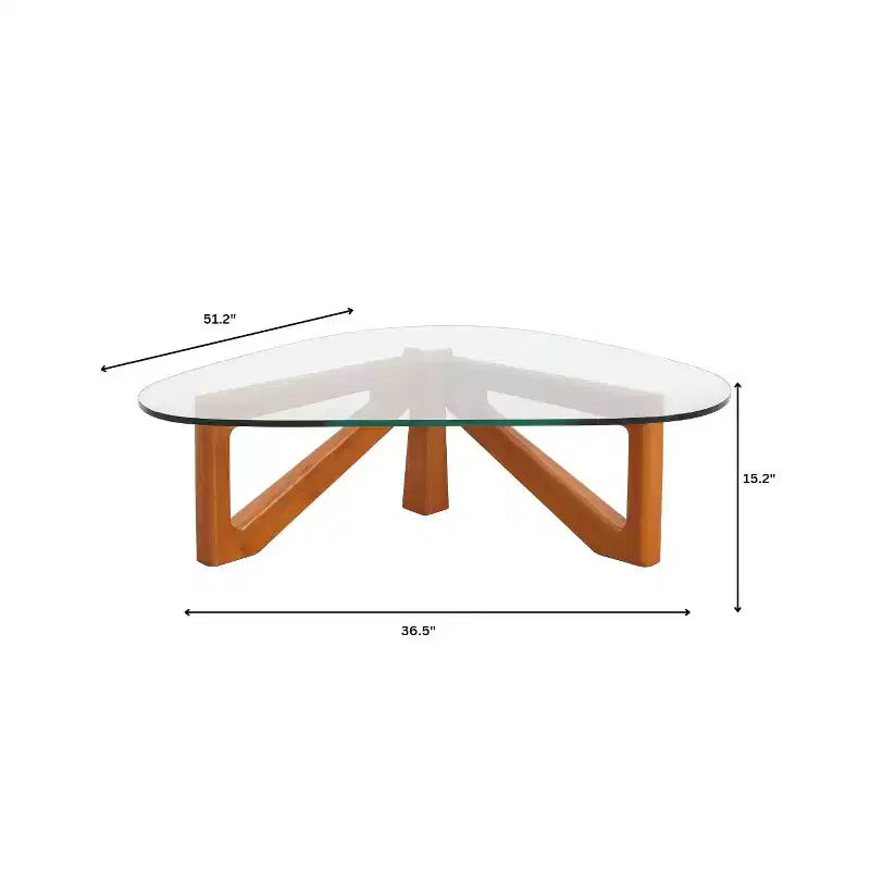 Triangular Glass Top Coffee Table with Glossy Ash Wood Base for Home, Living Room, Office