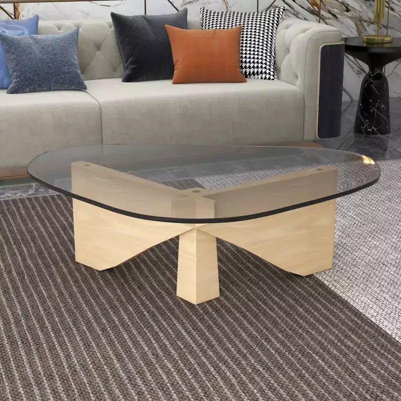 Triangular Glass Top Coffee Table with Glossy Ash Wood Base for Home, Living Room, Office