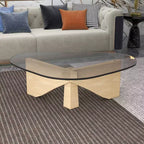 Triangular Glass Top Coffee Table with Glossy Ash Wood Base for Home, Living Room, Office
