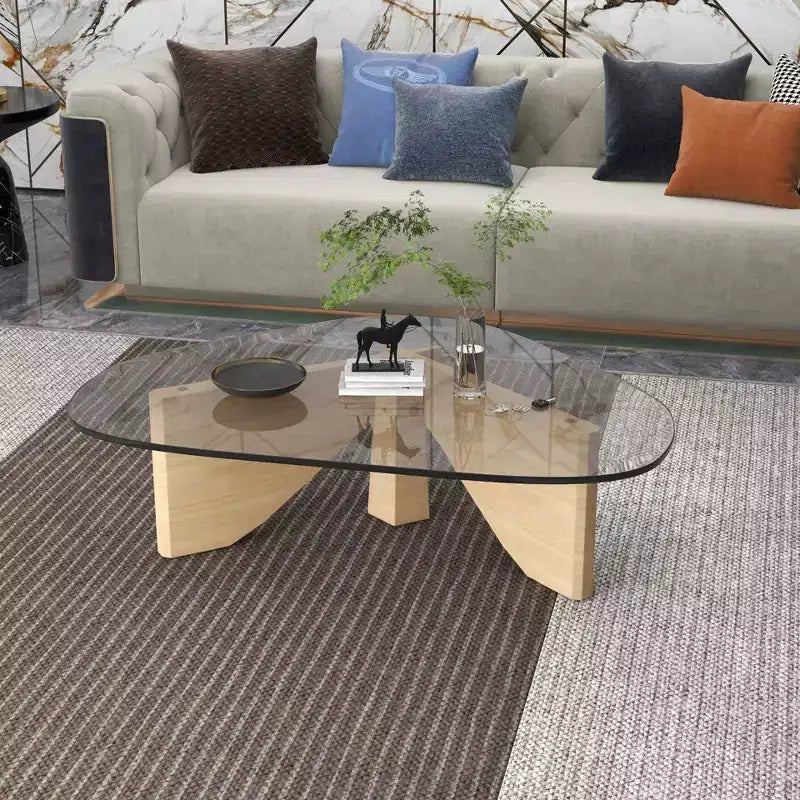 Triangular Glass Top Coffee Table with Glossy Ash Wood Base for Home, Living Room, Office