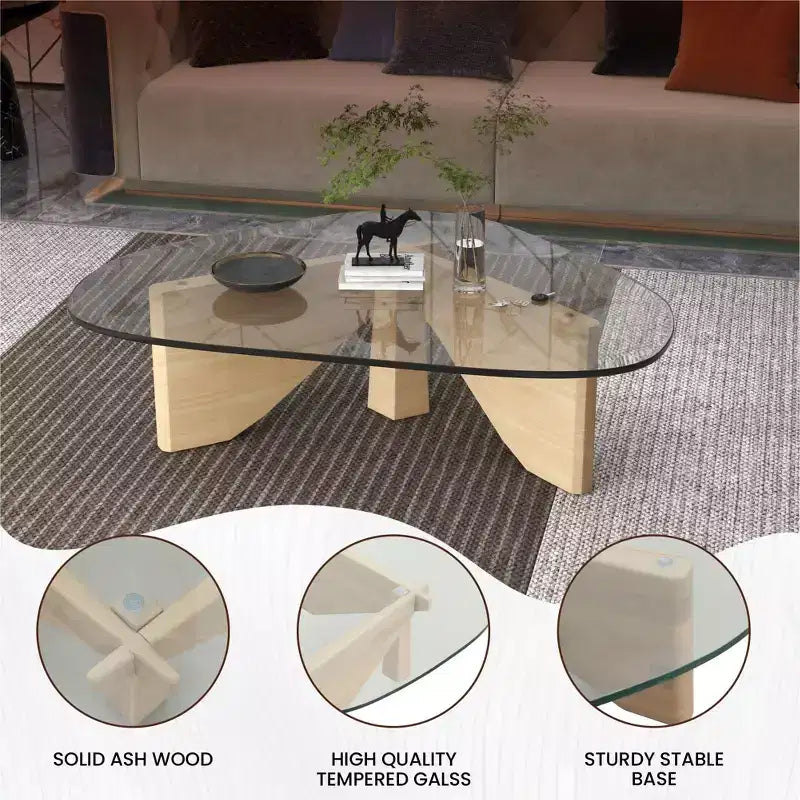 Triangular Glass Top Coffee Table with Glossy Ash Wood Base for Home, Living Room, Office