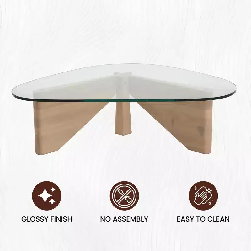 Triangular Glass Top Coffee Table with Glossy Ash Wood Base for Home, Living Room, Office