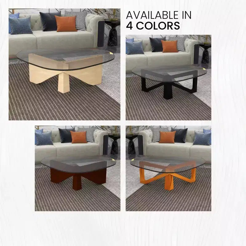 Triangular Glass Top Coffee Table with Glossy Ash Wood Base for Home, Living Room, Office