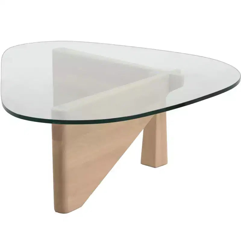 Triangular Glass Top Coffee Table with Glossy Ash Wood Base for Home, Living Room, Office