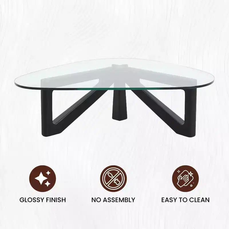 Triangular Glass Top Coffee Table with Glossy Ash Wood Base for Home, Living Room, Office