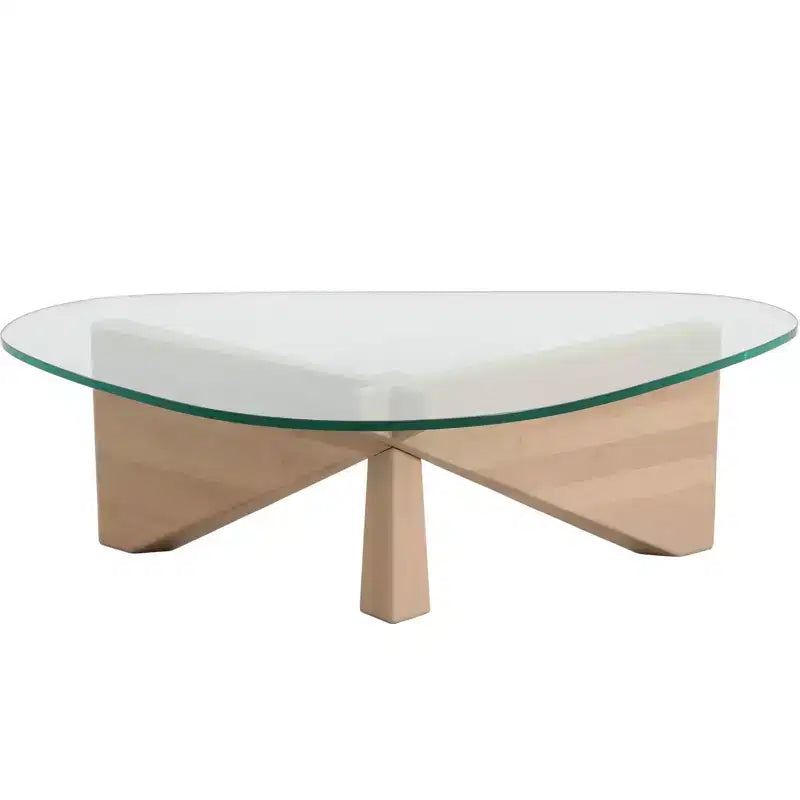 Triangular Glass Top Coffee Table with Glossy Ash Wood Base for Home, Living Room, Office
