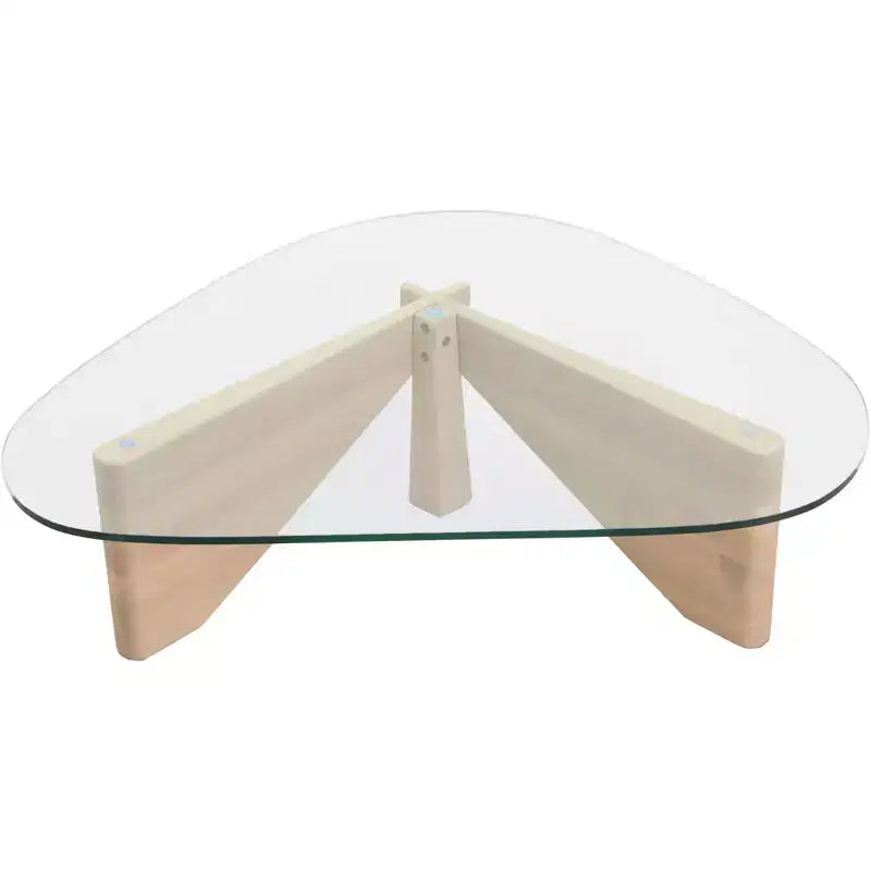 Triangular Glass Top Coffee Table with Glossy Ash Wood Base for Home, Living Room, Office