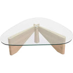 Triangular Glass Top Coffee Table with Glossy Ash Wood Base for Home, Living Room, Office