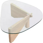 Triangular Glass Top Coffee Table with Glossy Ash Wood Base for Home, Living Room, Office