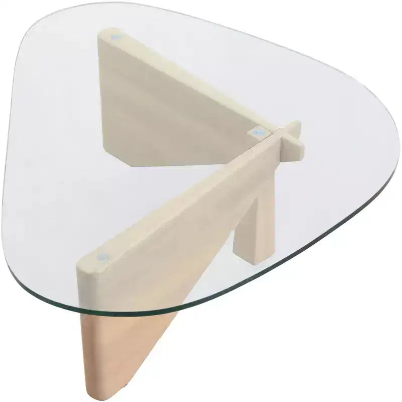 Triangular Glass Top Coffee Table with Glossy Ash Wood Base for Home, Living Room, Office