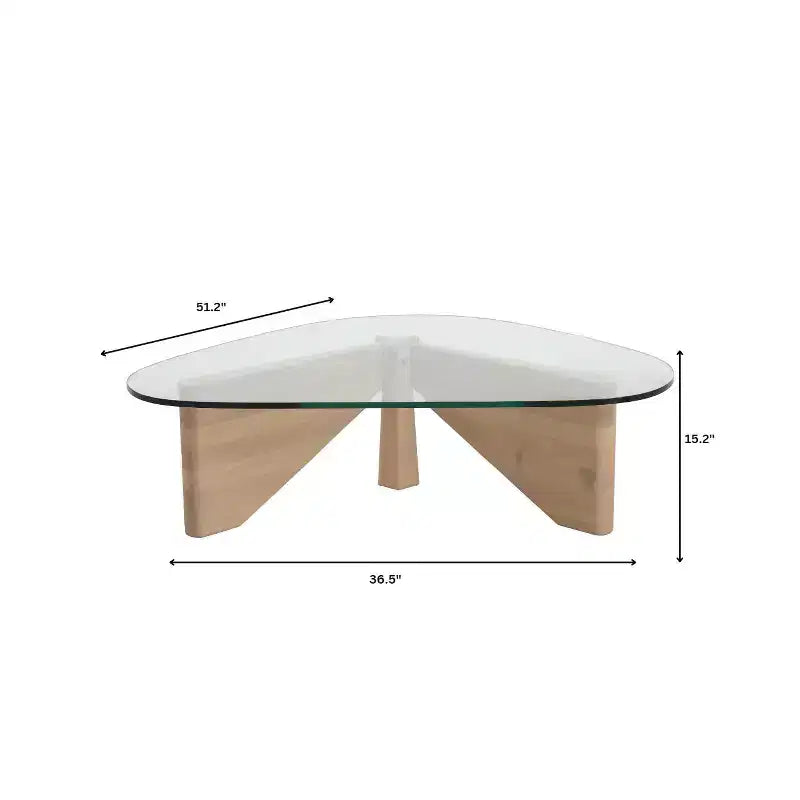 Triangular Glass Top Coffee Table with Glossy Ash Wood Base for Home, Living Room, Office
