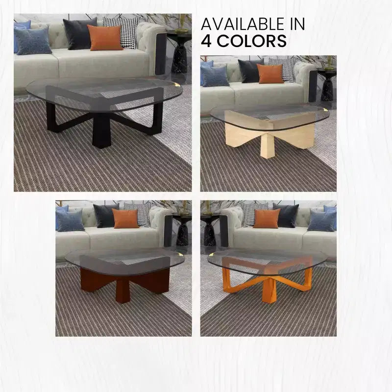 Triangular Glass Top Coffee Table with Glossy Ash Wood Base for Home, Living Room, Office