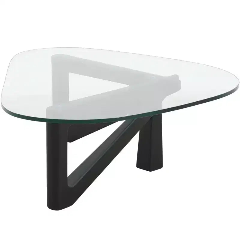 Triangular Glass Top Coffee Table with Glossy Ash Wood Base for Home, Living Room, Office