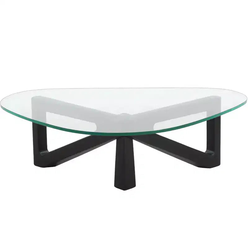 Triangular Glass Top Coffee Table with Glossy Ash Wood Base for Home, Living Room, Office