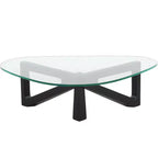 Triangular Glass Top Coffee Table with Glossy Ash Wood Base for Home, Living Room, Office