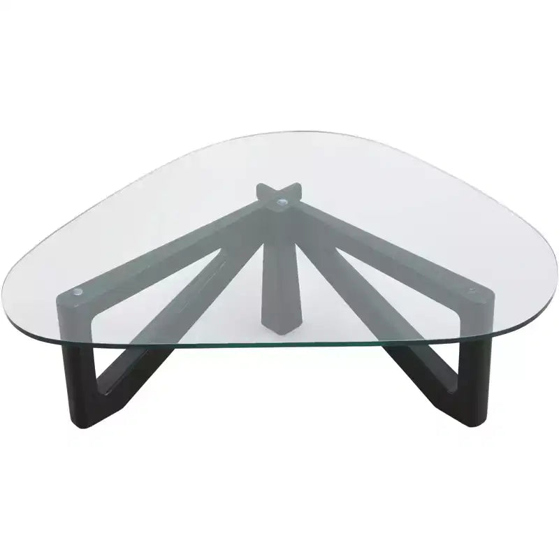 Triangular Glass Top Coffee Table with Glossy Ash Wood Base for Home, Living Room, Office