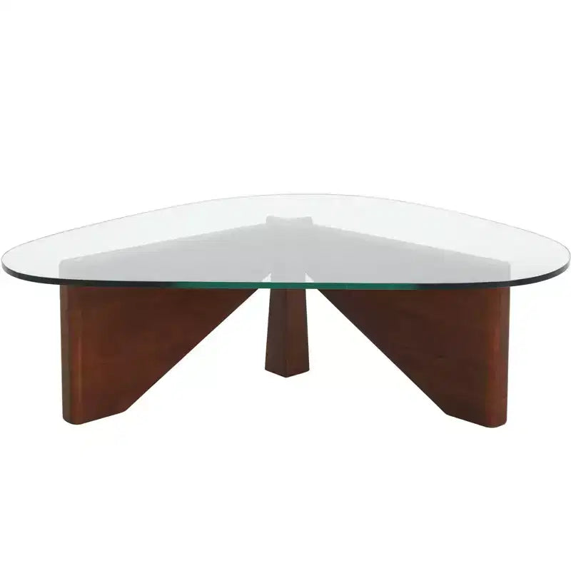 Triangular Glass Top Coffee Table with Glossy Ash Wood Base for Home, Living Room, Office