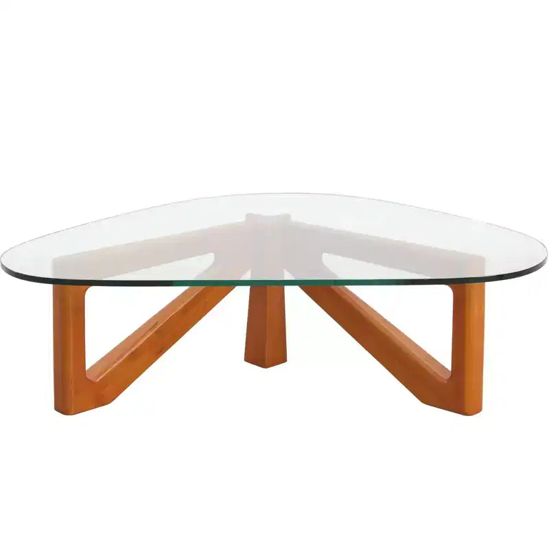 Triangular Glass Top Coffee Table with Glossy Ash Wood Base for Home, Living Room, Office