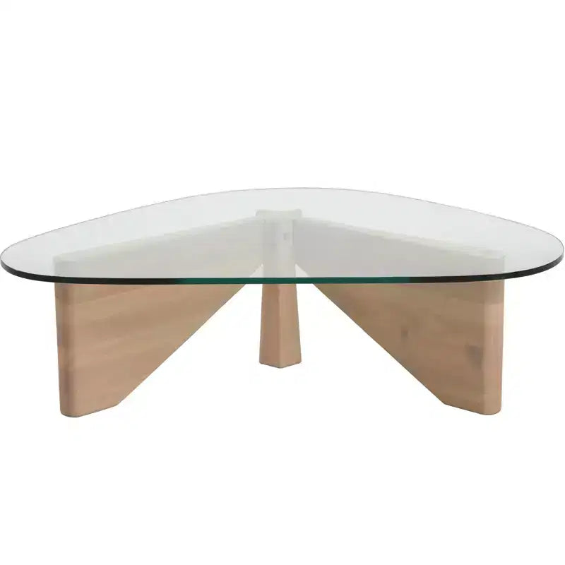 Triangular Glass Top Coffee Table with Glossy Ash Wood Base for Home, Living Room, Office